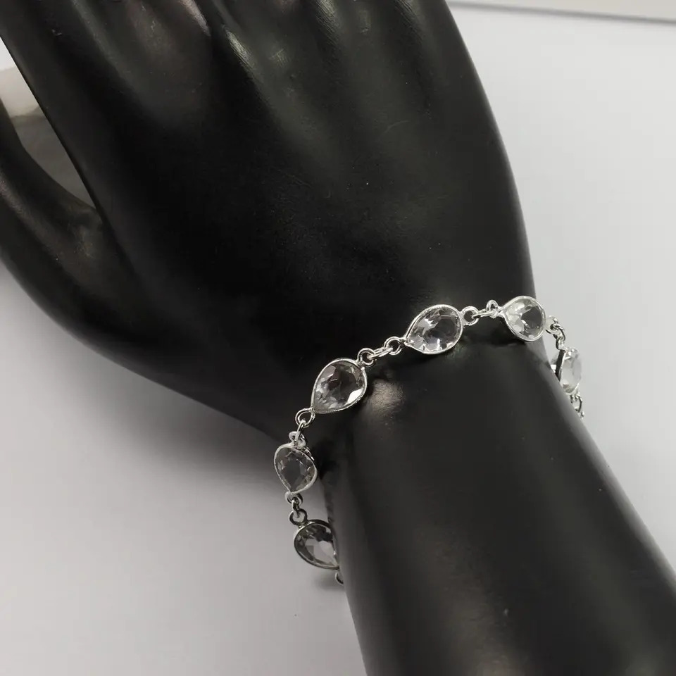 925 Sterling Silver Beautiful Natural Crystal Quartz Faceted Pear Stone Bracelet Gender: Women