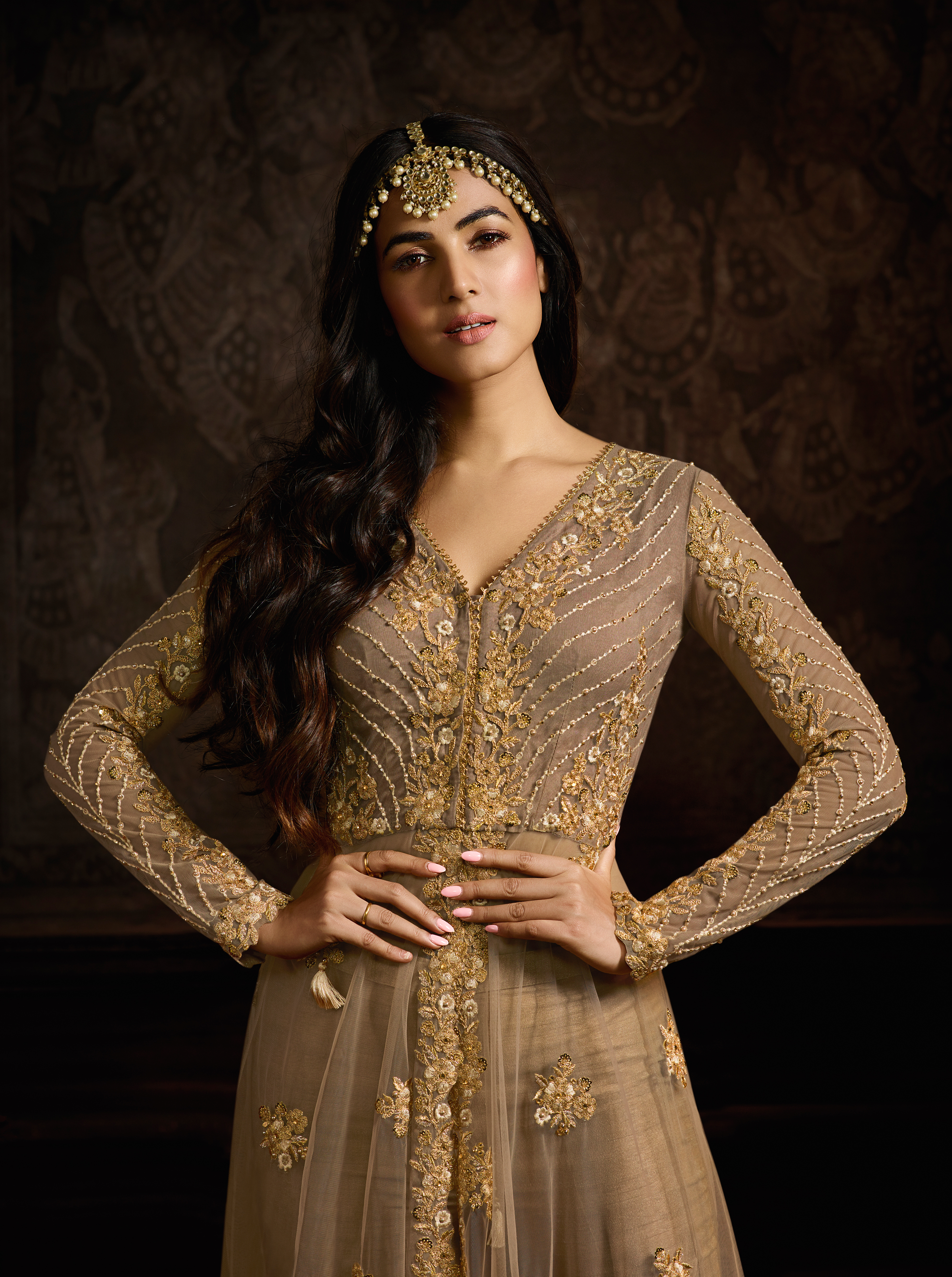 Net Anarkali Suit - Net Kameez, Shantoon Lining, Shantoon Bottom, Chiffon Duppatta, Fawn Color, Semistiched Size | Elegant Design, Comfortable Fit, Stylish Look, Party Wear