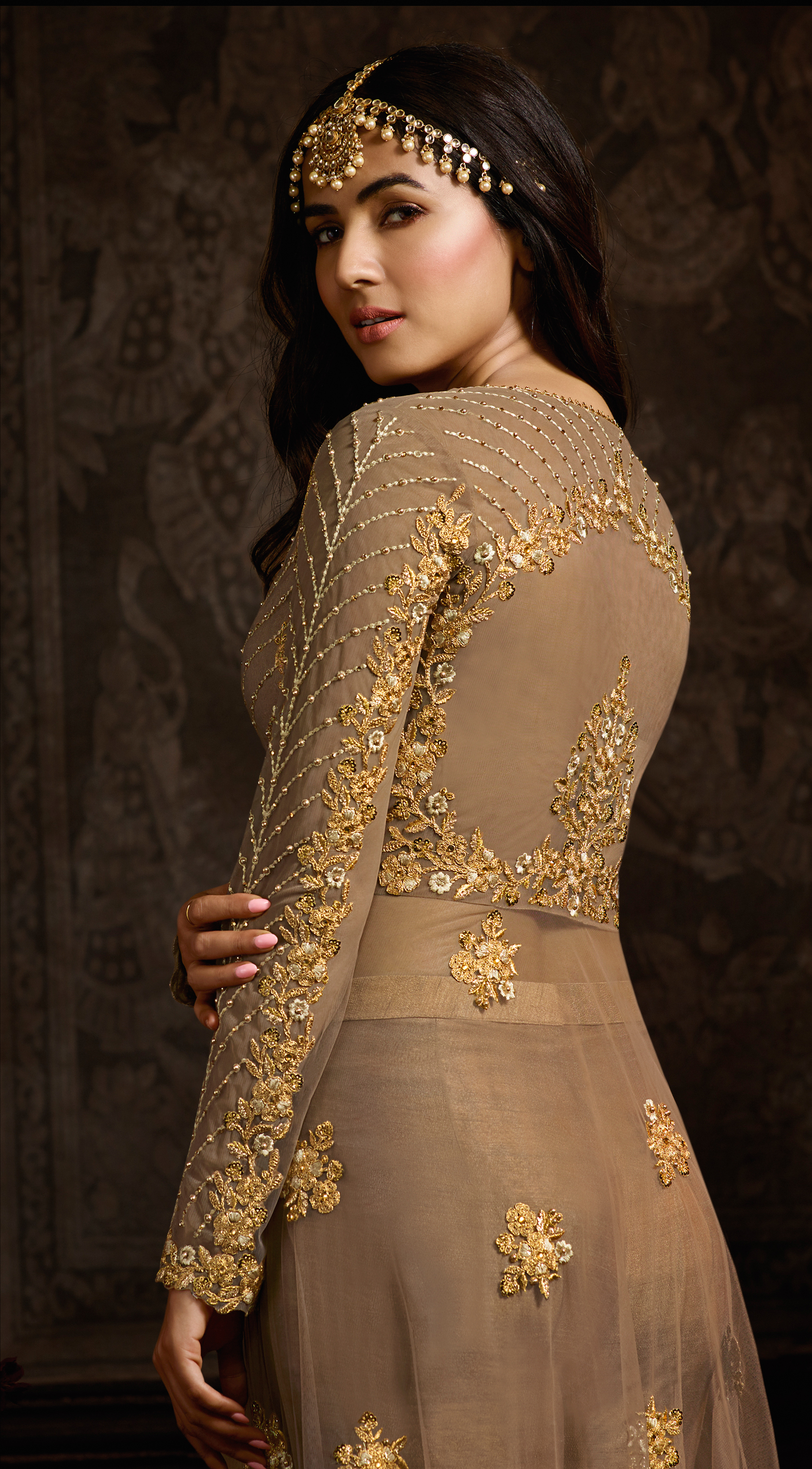 Net Anarkali Suit - Net Kameez, Shantoon Lining, Shantoon Bottom, Chiffon Duppatta, Fawn Color, Semistiched Size | Elegant Design, Comfortable Fit, Stylish Look, Party Wear