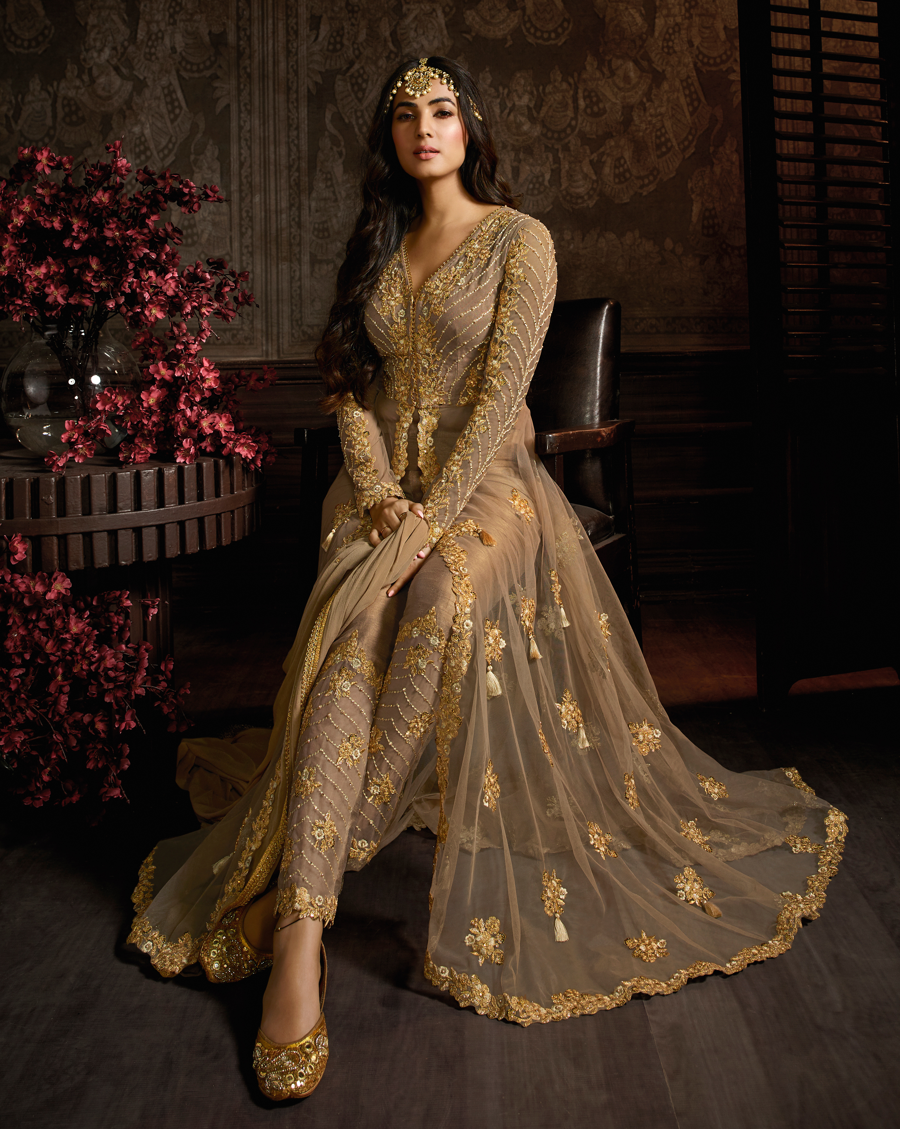Net Anarkali Suit - Net Kameez, Shantoon Lining, Shantoon Bottom, Chiffon Duppatta, Fawn Color, Semistiched Size | Elegant Design, Comfortable Fit, Stylish Look, Party Wear