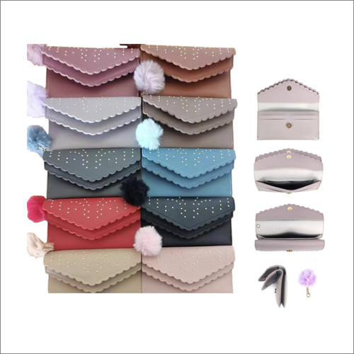 Double Fold Purse - Polyester Material, Standard Size, Customized Color Options | Spacious Two-compartment Design, Stylish Pom Pom Key Chain, Elegant Stone Work