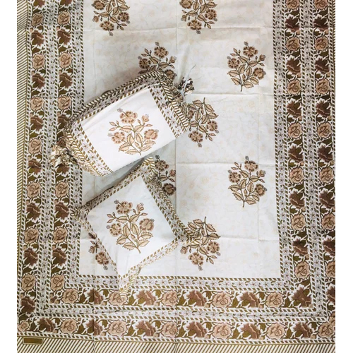White-Brown Rgl Jaipuri Diwan Bed Sheet Set With Cushion Cover And Bolster Cover
