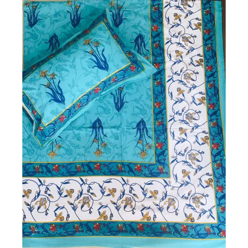 Green-White-Blue Jaipur Bed Sheet Indigo Color