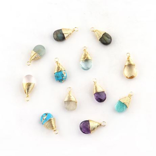 Turquoise Gemstone Pear Shape Gold Vermeil Wire Wrapped Charm - Size: 9x12mm