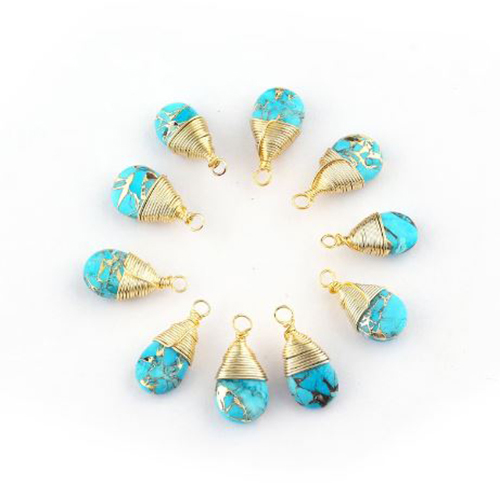 Turquoise Gemstone Pear Shape Gold Vermeil Wire Wrapped Charm - Size: 9x12mm