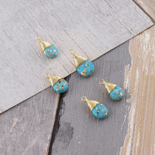 Turquoise Gemstone Pear Shape Gold Vermeil Wire Wrapped Charm - Size: 9x12mm