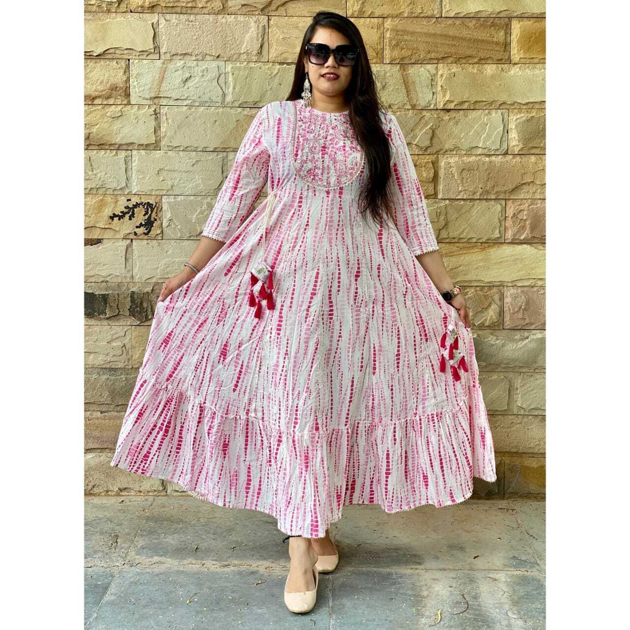 Shibori Printed Gown - Heavy Rayon, Available In Sizes M-xxl | Beautiful Embroidery, Party Wear, Washable