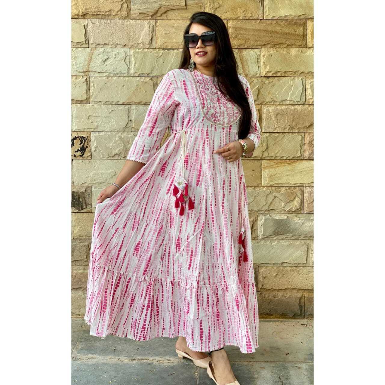 Shibori Printed Gown - Heavy Rayon, Available In Sizes M-xxl | Beautiful Embroidery, Party Wear, Washable