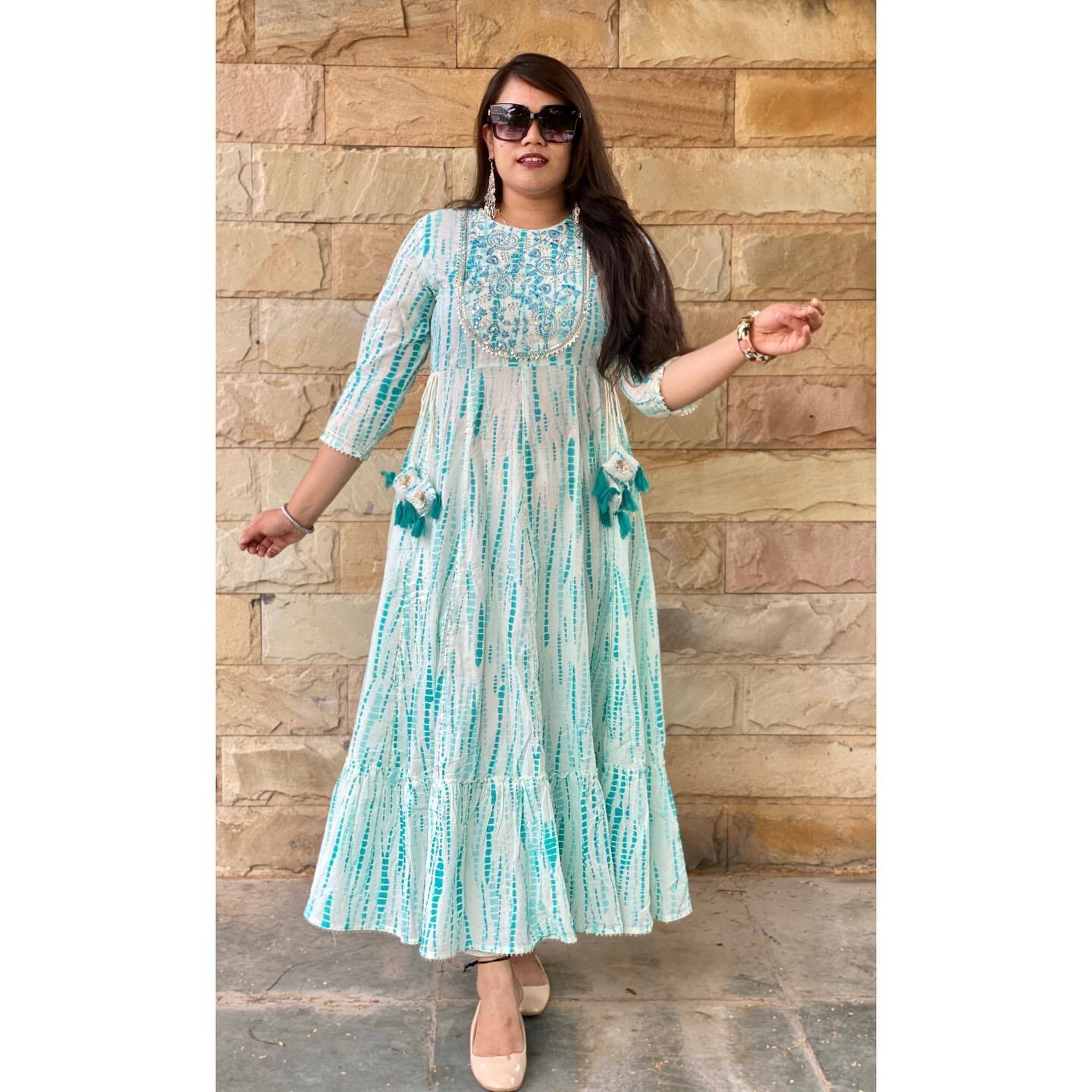 Shibori Printed Gown - Heavy Rayon, Available In Sizes M-xxl | Beautiful Embroidery, Party Wear, Washable