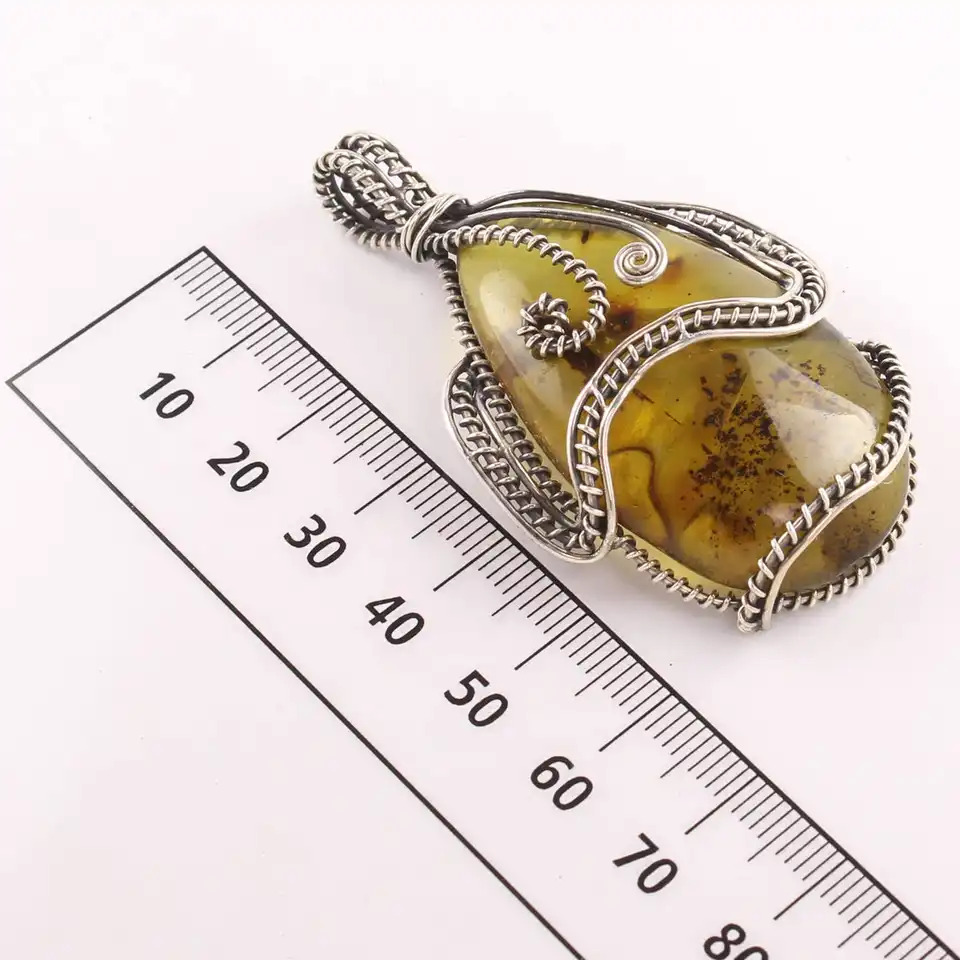 925 Sterling Silver Yellow Amber Pear Tumbled Oxidized Wired Jewelry Pendant Gender: Women