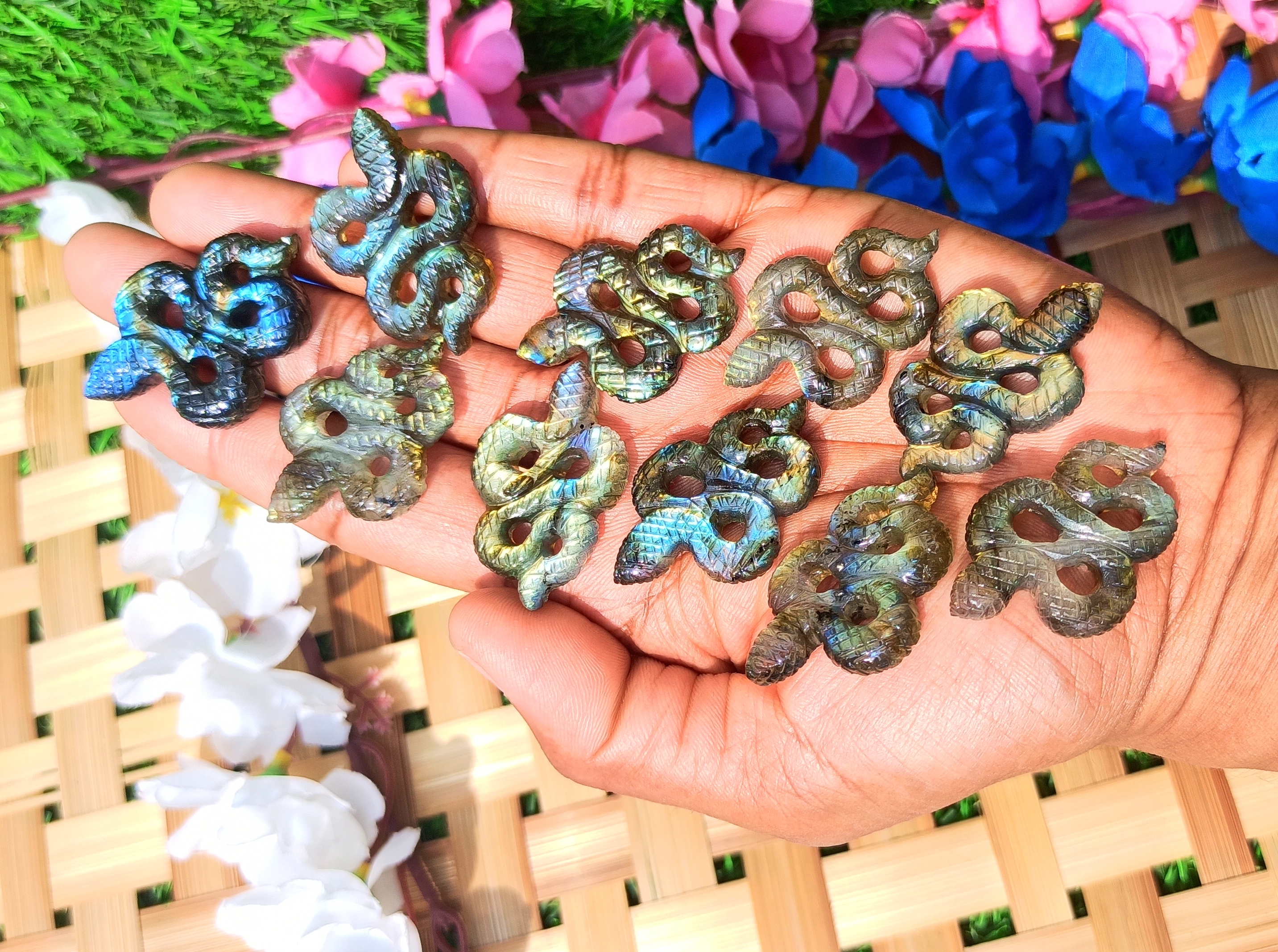 Natural Gemstone Carved Labradorite Snake Shaped Crystals Snakes Grade: Top