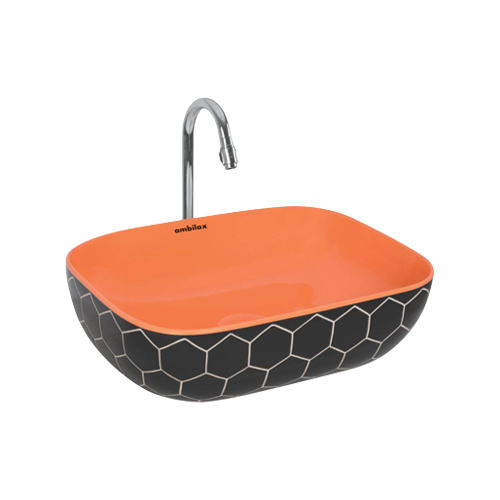 ब्लैक एंड ऑरेंज फ्लोर माउंटेड टेबल टॉप वॉश बेसिन