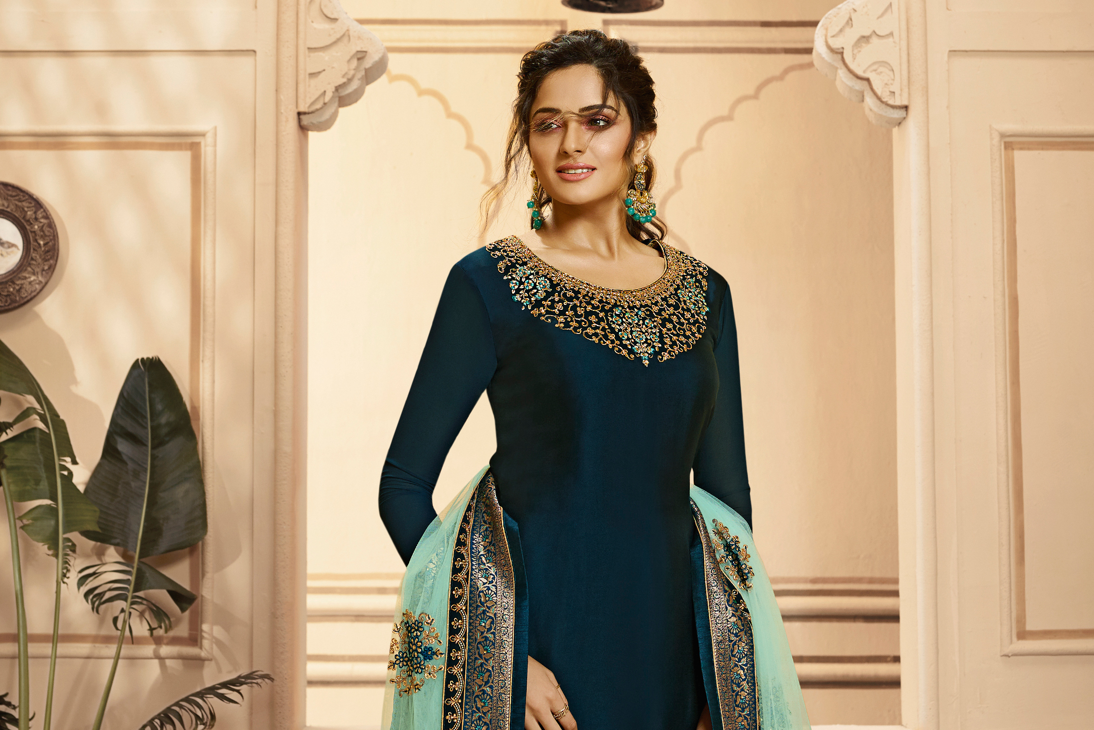 Fancy Chudidar Salwar Kameez - Semi-stitched Blue Satin Georgette Churidar Suit With Net Dupatta | Elegant Design, Intricate Embroidery, Comfortable Fit