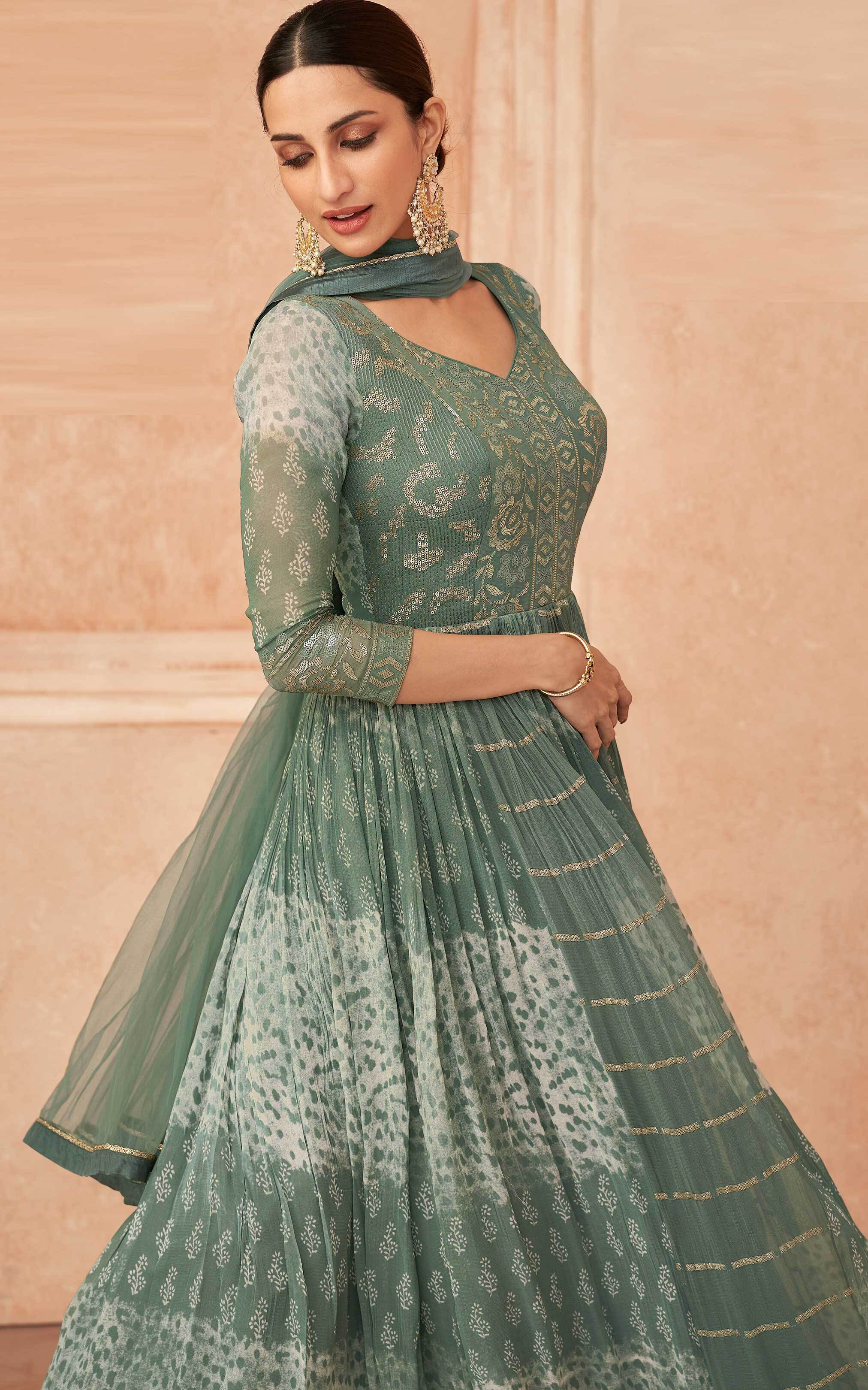Party Wear Anarkali Suit - Dusty Green Georgette with Shantoon Lining, Net  Dupatta | Elegant Style, Embroidered & Sequined, Flowy Fabric, Gorgeous  Look, Party Ready, Perfect Fit at 1800.00 INR in Surat | Maahi Styles