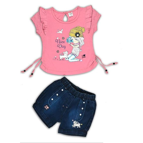 Kids Pink T Shirt With Shorts - Cotton, Customized Size, Vivid Pink Color | Crew Neckline, Graphic Print, Elastic Waistband, Pockets
