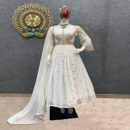 Ladies Designer Gown - Elegant Satin Fabric, Floor Length, Ivory White | Perfect For Special Occasions, Exquisite Craftsmanship