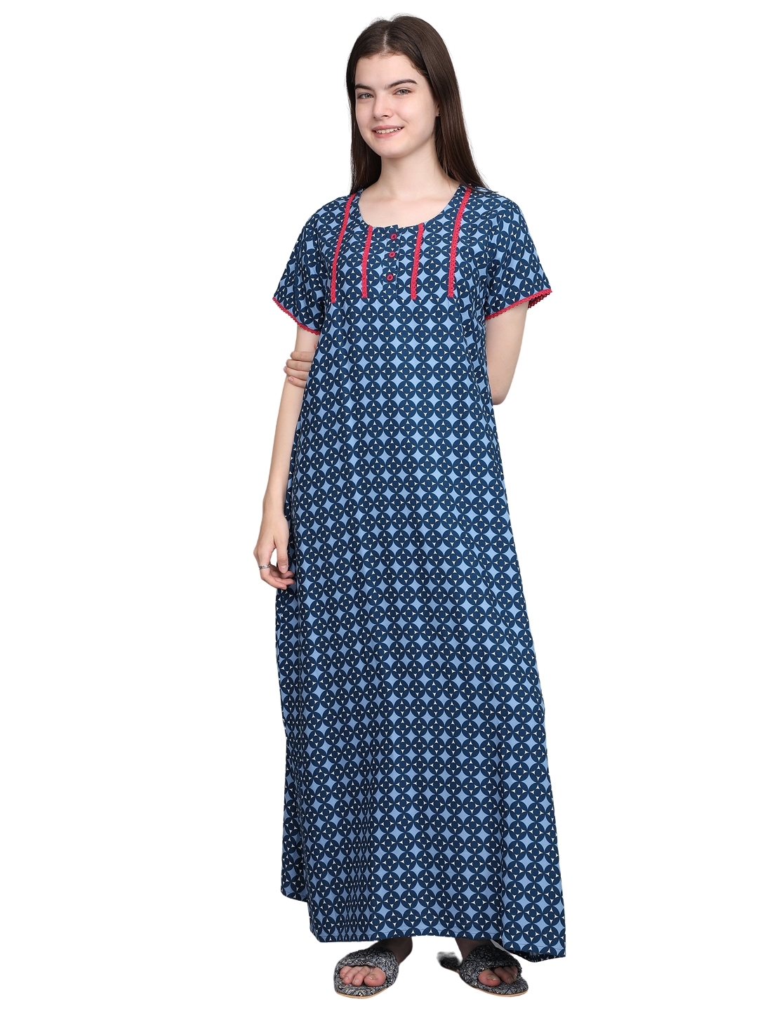 Ladies Nighty - Rayon Cotton Blend, Casual Maxi Nighty For Women | All Over Printed Design, Short Sleeves, Comfortable Fit