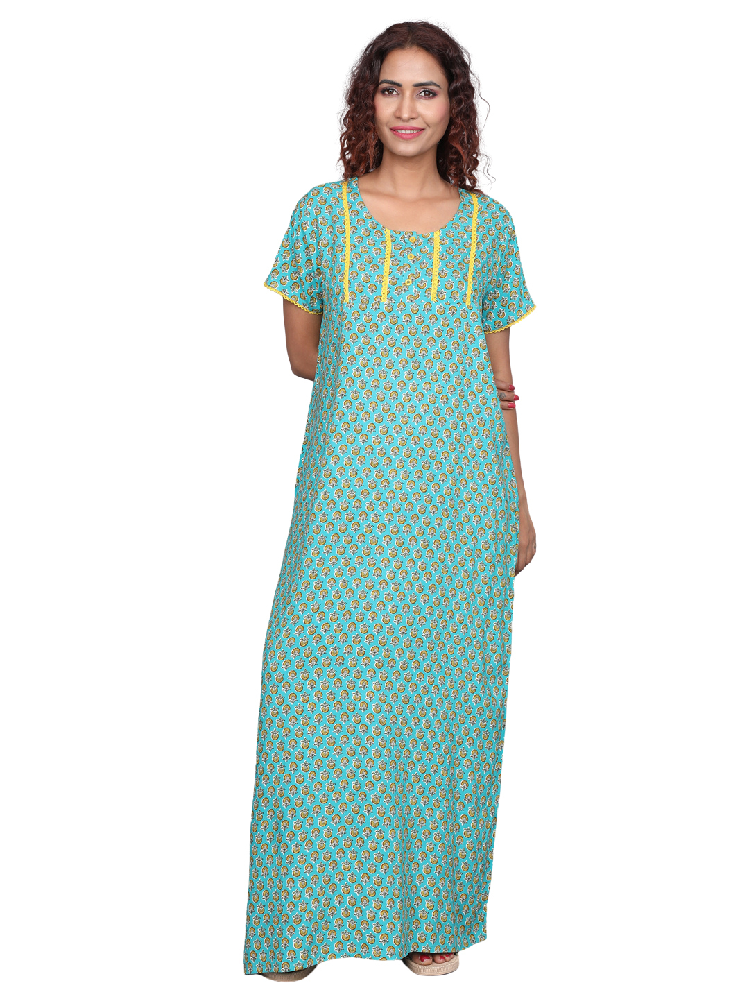 Ladies Nighty - Rayon Cotton Blend, Casual Maxi Nighty For Women | All Over Printed Design, Short Sleeves, Comfortable Fit