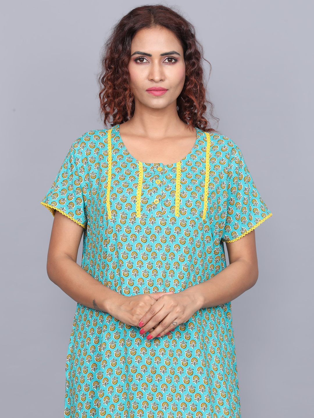 Evolove Women's Rayon All Over Print Maxi Nighty - Casual Dress Short Sleeves Satin Accents