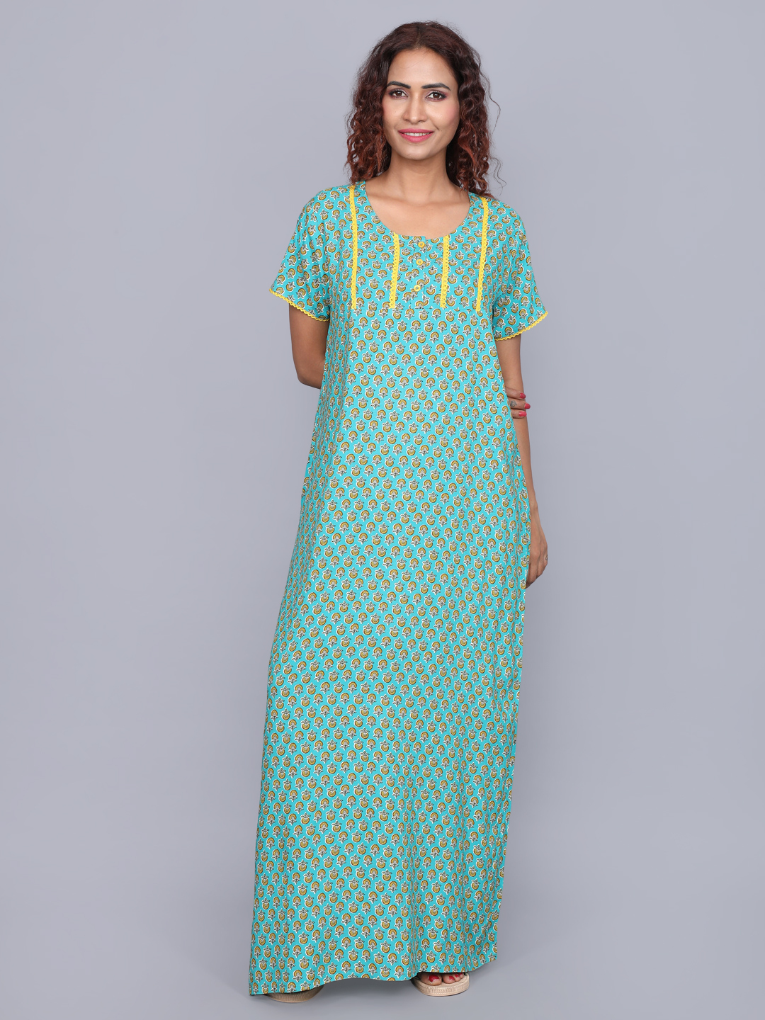 Evolove Women's Rayon All Over Print Maxi Nighty - Casual Dress Short Sleeves Satin Accents