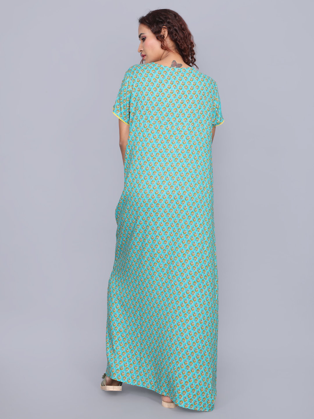 Evolove Women's Rayon All Over Print Maxi Nighty - Casual Dress Short Sleeves Satin Accents