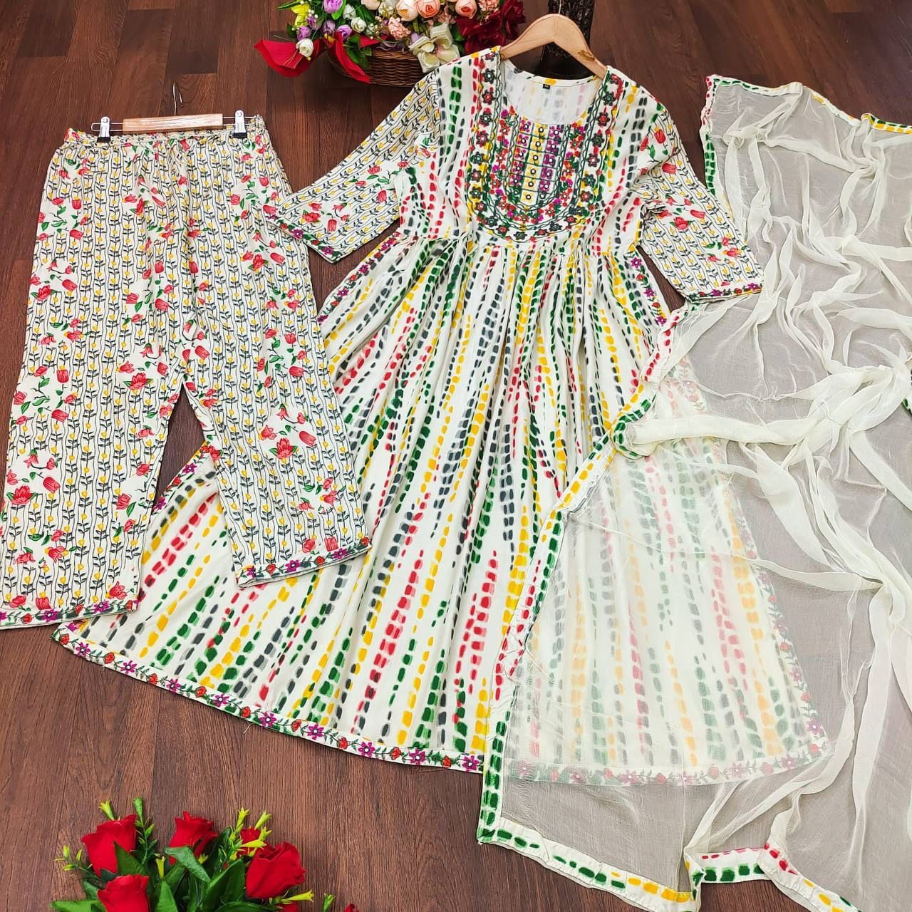 Designer Printed Nayra Kali Pattern Kurti Pant Dupatta Set