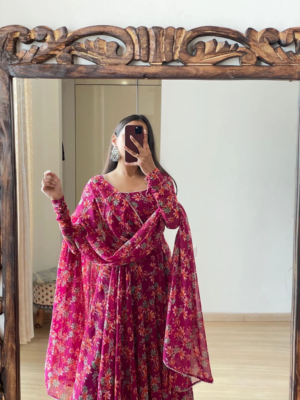 Flower Printed Anarkali Peturn Gown With Printed Less Border Dupatta