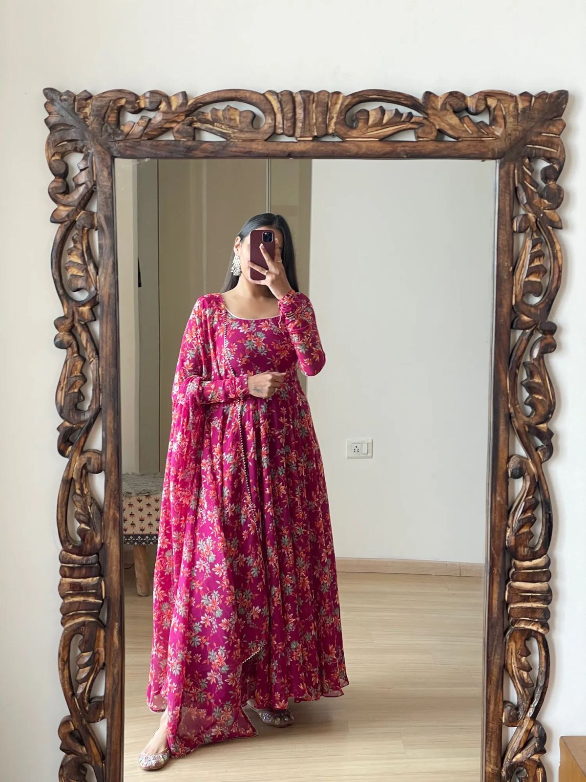 Flower Printed Anarkali Peturn Gown With Printed Less Border Dupatta