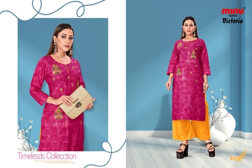 Victoria Assorted Women Kurti - Silk, M-l-xl , Multi-color, Long Length, 3-4th Sleeve, Embroidered Pattern, Party Wear Ethnic Style