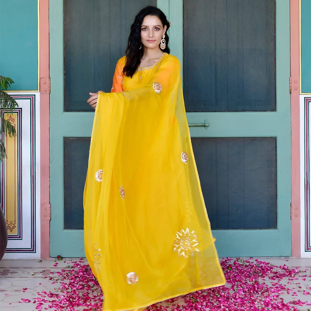 Two Shaded Handwork Anarkali - Silk Fabric, 52 Inch Length, Elegant Gota Detailing With Organza Dupatta, 3/4th Sleeve, Party Wear For Ladies