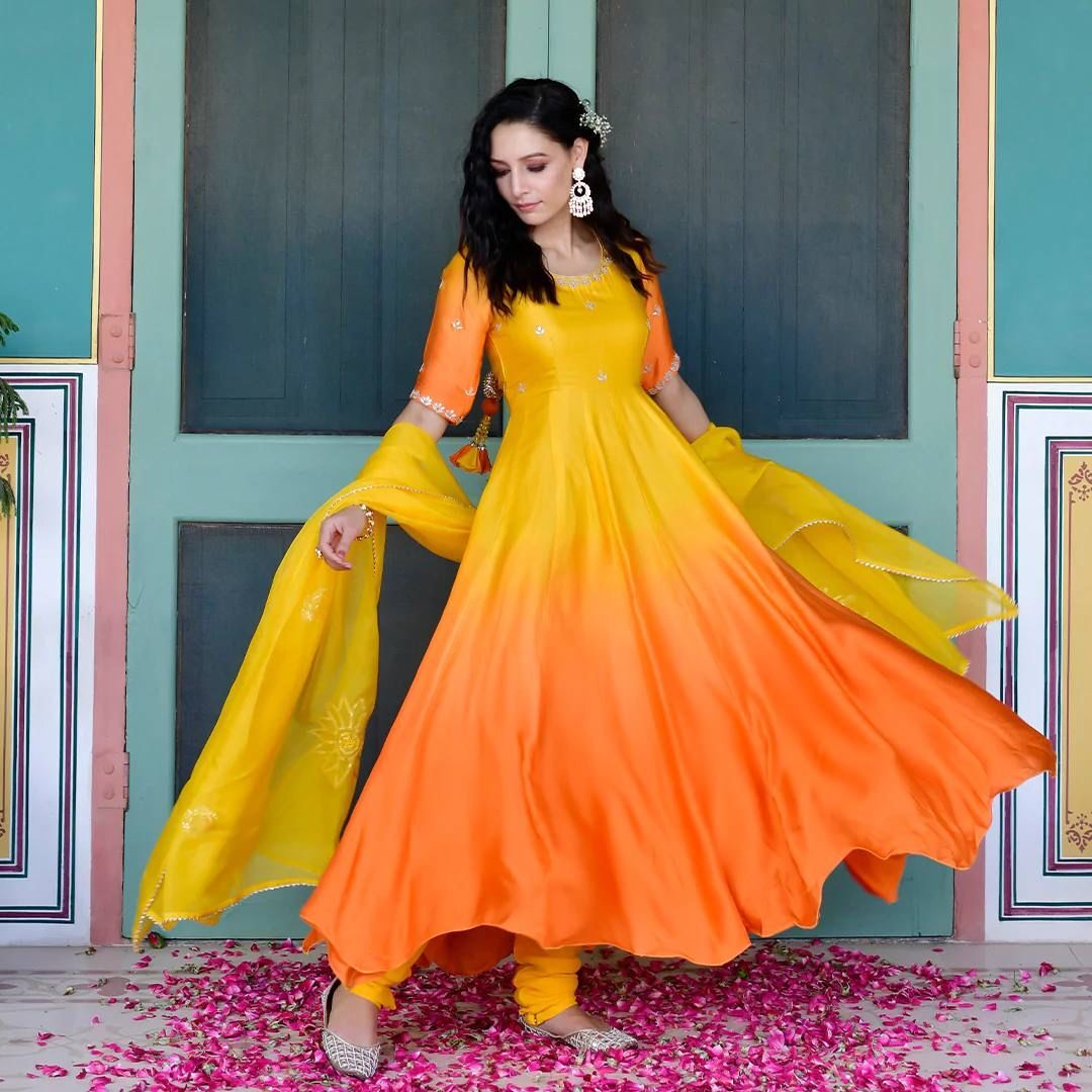 Two Shaded Handwork Anarkali - Silk Fabric, 52 Inch Length, Elegant Gota Detailing With Organza Dupatta, 3/4th Sleeve, Party Wear For Ladies