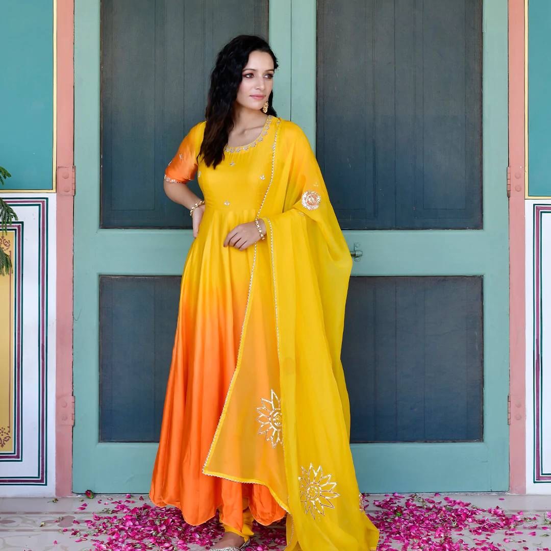 Two Shaded Handwork Anarkali - Silk Fabric, 52 Inch Length, Elegant Gota Detailing With Organza Dupatta, 3/4th Sleeve, Party Wear For Ladies