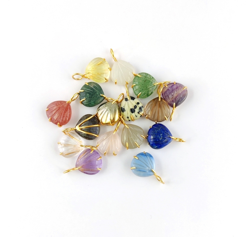 Charms Dalmatian Jasper Gemstone Sea Shell Carved Gold Vermeil Prong Set Pendant