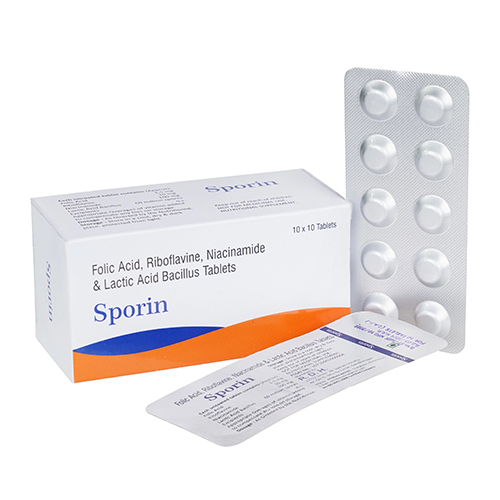 स्पोरिन फोलिक एसिड राइबोफ्लेविन नियासिनमाइड और लैक्टिक एसिड बैसिलस टैबलेट सामान्य दवाएं
