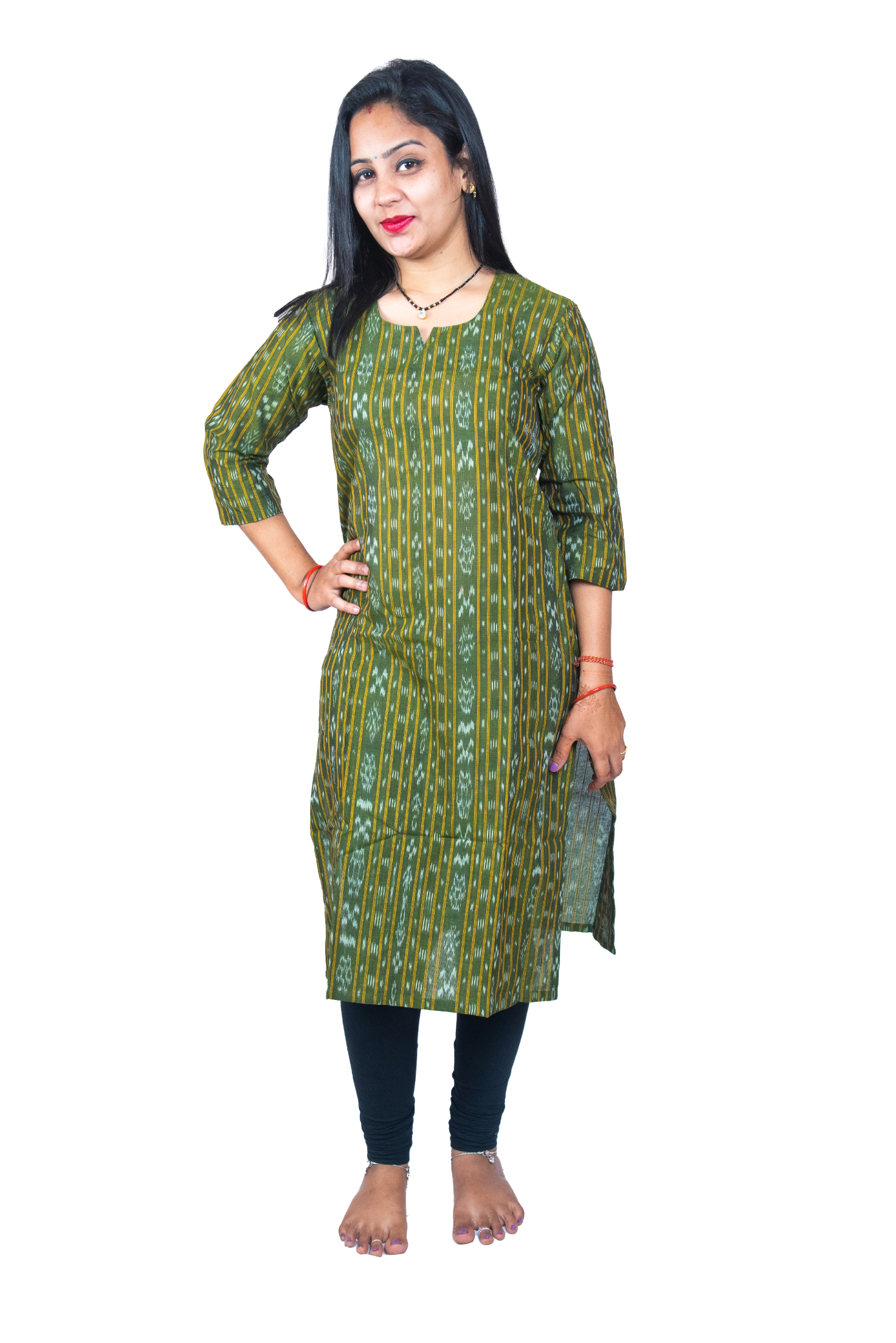 Ghl Guendicha Haat Sambalpuri Certified Handloom Women's Pure Cotton Key Holeneck Kurta(bgreen)
