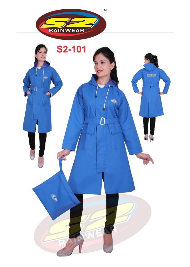 Long Rain Coat With Taping (Ladies) - Color: Blue
