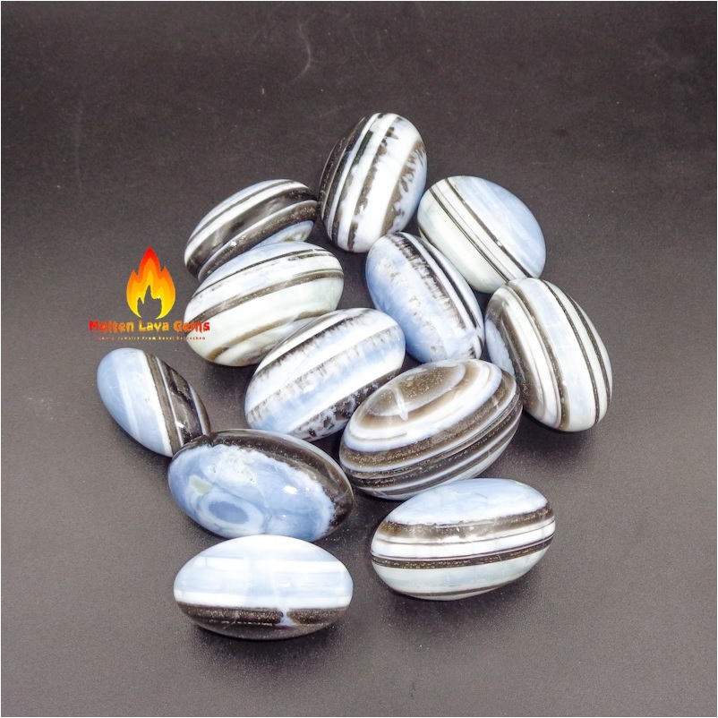 Owhyee Blue Opal Shiv Lingam - 30 To 35 Mm Oval Shaped Crystals, Natural Blue With Black Lines For Healing And Home Decoration