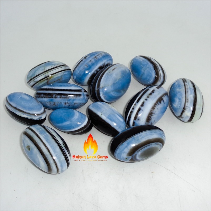 Owhyee Blue Opal Shiv Lingam - 30 To 35 Mm Oval Shaped Crystals, Natural Blue With Black Lines For Healing And Home Decoration