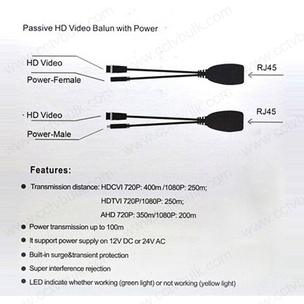 Cctv Video Balun Utp Pv 8mp - Black, 12-24 Volt Input, Transmits Video & Power Over Cat 5e/6 Cable With Rj45 Connectors | Effective Up To 125 Metres