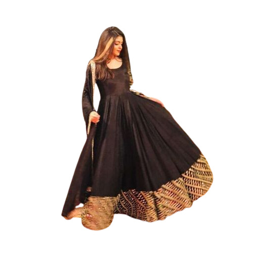 ब्लैक एंड गोल्डन फ्लोर लेंथ फुल स्लीव्स डिज़ाइनर वन पीस गाउन