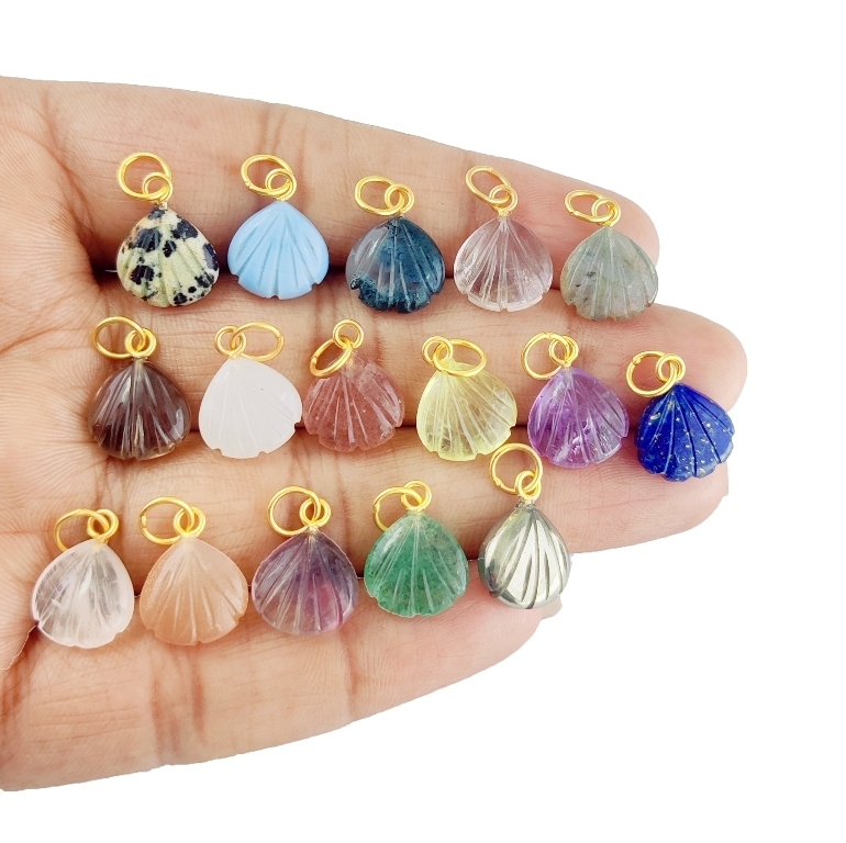 Fluorite Gemstone Sea Shell Carved 925 Sterling Silver Gold Vermeil Pendant - Jewelry Type: Charms