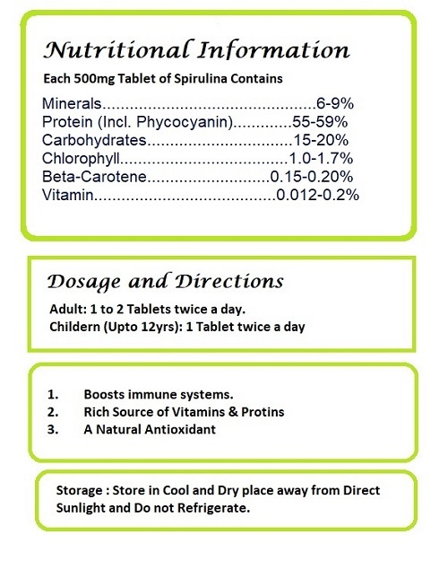 Organic Spirulina Tablets (Pack Size 120nos) Shelf Life: 36 Months