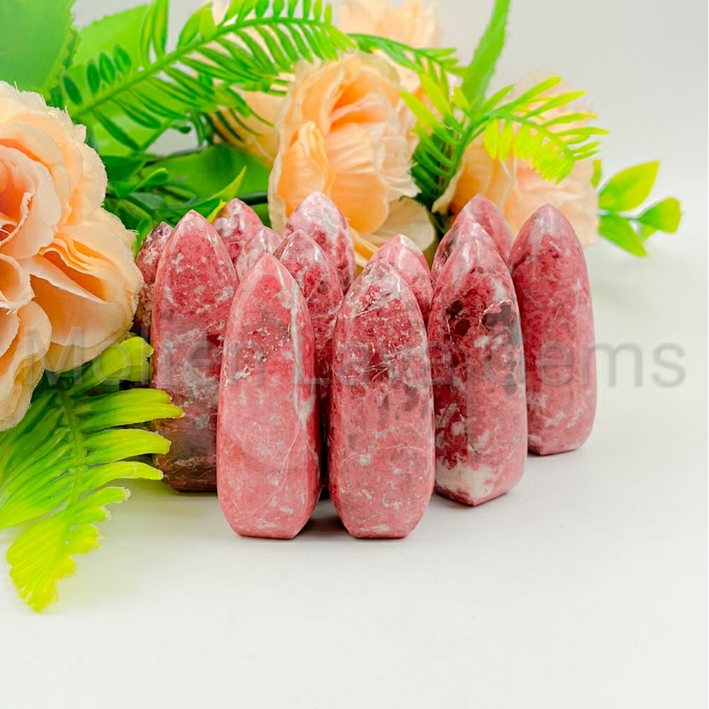 Thulite Flames Tower - 30 To 35mm, Pink Red Natural Healing Crystal | Top Grade, 40 To 50g Weight, Customizable Gemstone For Home Decor And Meditation