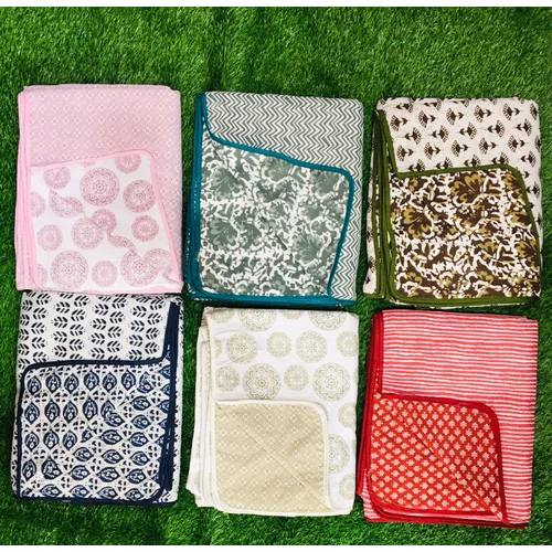 Single Bed Cotton Jaipur Dohar - 100% Cotton, Full Size , Lightweight Three-layered Quilt With Intricate Printed Designs