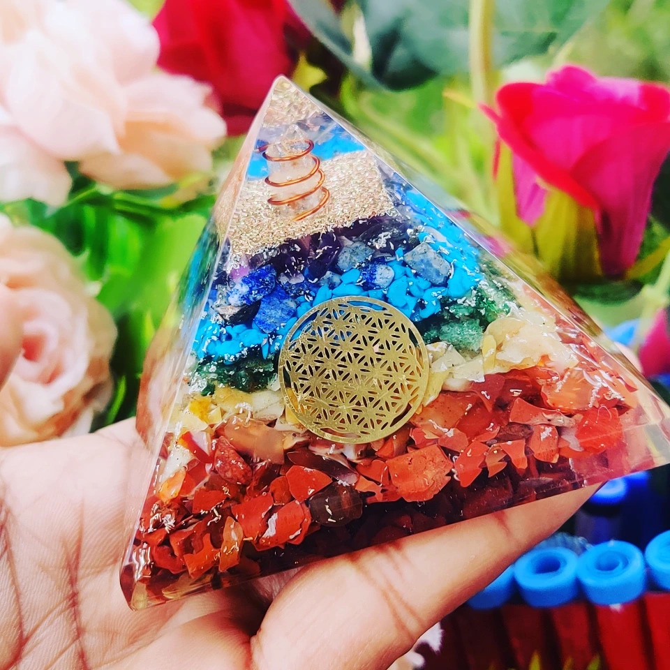 Orgone Pyramid - 40-45 Mm Seven Chakra Healing Crystal Pyramids, Natural Agate Gemstones, Stress Relief And Meditation Decor