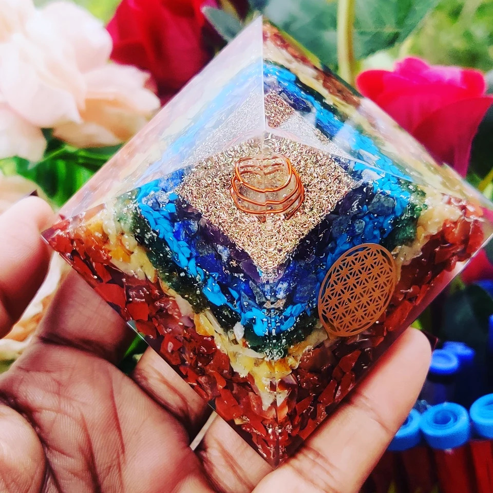 Orgone Pyramid - 40-45 Mm Seven Chakra Healing Crystal Pyramids, Natural Agate Gemstones, Stress Relief And Meditation Decor