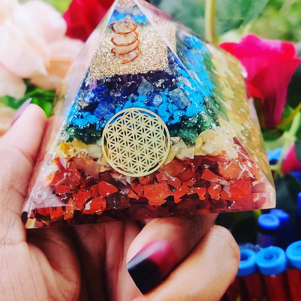 Orgone Pyramid - 40-45 Mm Seven Chakra Healing Crystal Pyramids, Natural Agate Gemstones, Stress Relief And Meditation Decor