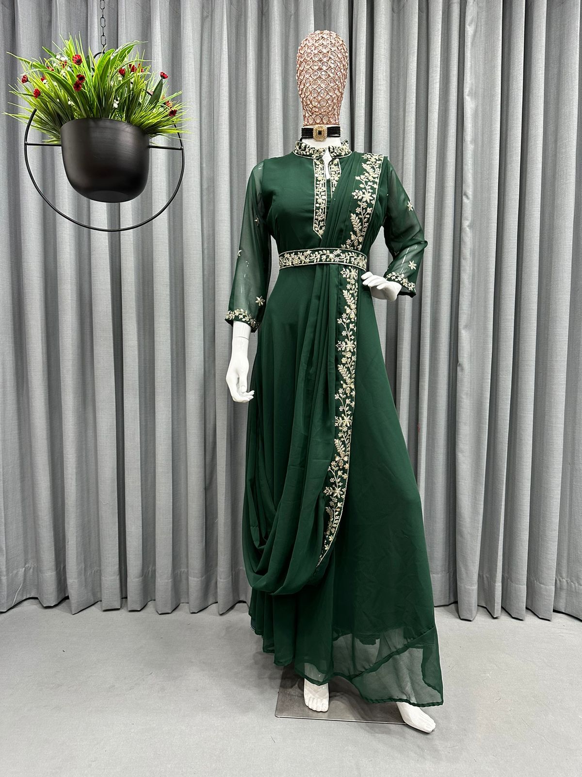 Women Same Colour Beautiful Designer Indo Western Saree Drape Pattern Suit