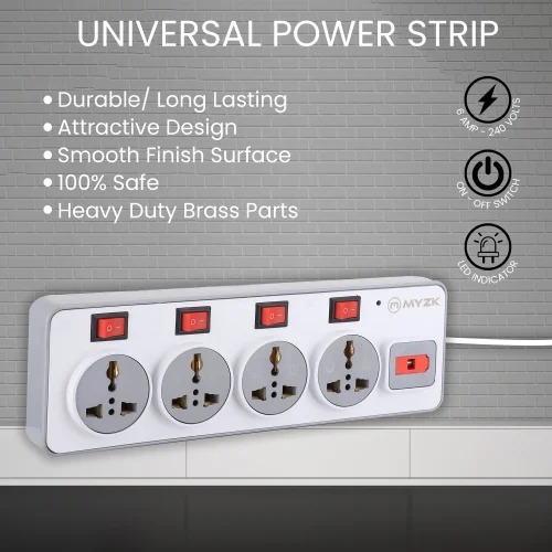 Power Extension Board - Abs Body, 26x8x3cm, Grey | Durable & Ergonomic Design, 4 Universal Sockets With Master Switch, Surge Protection, Replaceable Fuse