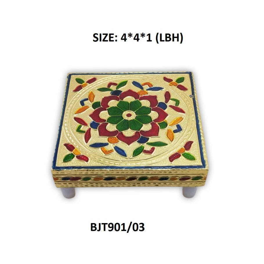 Multipurpose Traditional Decorative Design Wooden Chowki/bajot (2122) - Wooden, 10*10*2 Cm, Multi/assorted Color | Ideal For Decorative Use, Versatile And Charming